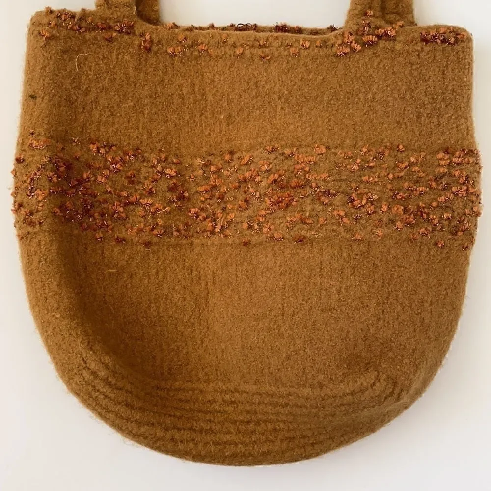 Vintage Felted Wool Embellished Mustard Yellow Purse Handbag
